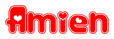 The image displays the word Amien written in a stylized red font with hearts inside the letters.