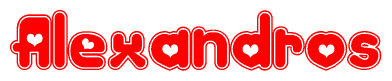 The image is a red and white graphic with the word Alexandros written in a decorative script. Each letter in  is contained within its own outlined bubble-like shape. Inside each letter, there is a white heart symbol.
