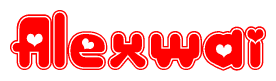 The image is a clipart featuring the word Alexwai written in a stylized font with a heart shape replacing inserted into the center of each letter. The color scheme of the text and hearts is red with a light outline.