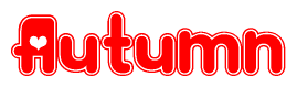The image is a red and white graphic with the word Autumn written in a decorative script. Each letter in  is contained within its own outlined bubble-like shape. Inside each letter, there is a white heart symbol.