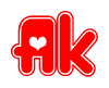 The image displays the word Ak written in a stylized red font with hearts inside the letters.