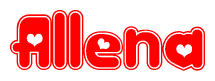 The image is a red and white graphic with the word Allena written in a decorative script. Each letter in  is contained within its own outlined bubble-like shape. Inside each letter, there is a white heart symbol.
