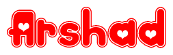 The image is a clipart featuring the word Arshad written in a stylized font with a heart shape replacing inserted into the center of each letter. The color scheme of the text and hearts is red with a light outline.