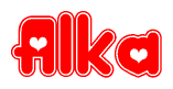 The image is a red and white graphic with the word Alka written in a decorative script. Each letter in  is contained within its own outlined bubble-like shape. Inside each letter, there is a white heart symbol.
