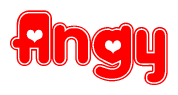 The image is a red and white graphic with the word Angy written in a decorative script. Each letter in  is contained within its own outlined bubble-like shape. Inside each letter, there is a white heart symbol.