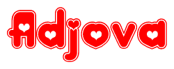 The image is a red and white graphic with the word Adjova written in a decorative script. Each letter in  is contained within its own outlined bubble-like shape. Inside each letter, there is a white heart symbol.