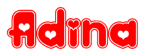 The image is a red and white graphic with the word Adina written in a decorative script. Each letter in  is contained within its own outlined bubble-like shape. Inside each letter, there is a white heart symbol.