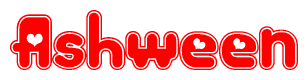 The image is a red and white graphic with the word Ashween written in a decorative script. Each letter in  is contained within its own outlined bubble-like shape. Inside each letter, there is a white heart symbol.