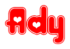 The image is a clipart featuring the word Ady written in a stylized font with a heart shape replacing inserted into the center of each letter. The color scheme of the text and hearts is red with a light outline.