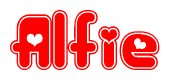 The image is a clipart featuring the word Alfie written in a stylized font with a heart shape replacing inserted into the center of each letter. The color scheme of the text and hearts is red with a light outline.