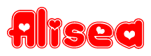 The image is a red and white graphic with the word Alisea written in a decorative script. Each letter in  is contained within its own outlined bubble-like shape. Inside each letter, there is a white heart symbol.