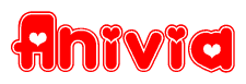 The image is a clipart featuring the word Anivia written in a stylized font with a heart shape replacing inserted into the center of each letter. The color scheme of the text and hearts is red with a light outline.