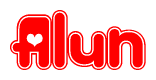 The image is a red and white graphic with the word Alun written in a decorative script. Each letter in  is contained within its own outlined bubble-like shape. Inside each letter, there is a white heart symbol.