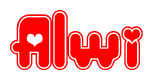 The image is a red and white graphic with the word Alwi written in a decorative script. Each letter in  is contained within its own outlined bubble-like shape. Inside each letter, there is a white heart symbol.