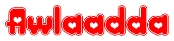 The image displays the word Awlaadda written in a stylized red font with hearts inside the letters.