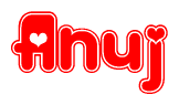 The image is a red and white graphic with the word Anuj written in a decorative script. Each letter in  is contained within its own outlined bubble-like shape. Inside each letter, there is a white heart symbol.