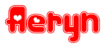 The image is a red and white graphic with the word Aeryn written in a decorative script. Each letter in  is contained within its own outlined bubble-like shape. Inside each letter, there is a white heart symbol.