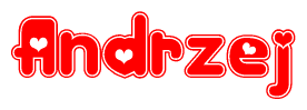 The image is a clipart featuring the word Andrzej written in a stylized font with a heart shape replacing inserted into the center of each letter. The color scheme of the text and hearts is red with a light outline.