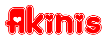 The image is a clipart featuring the word Akinis written in a stylized font with a heart shape replacing inserted into the center of each letter. The color scheme of the text and hearts is red with a light outline.
