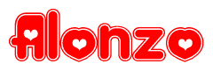 The image is a clipart featuring the word Alonzo written in a stylized font with a heart shape replacing inserted into the center of each letter. The color scheme of the text and hearts is red with a light outline.