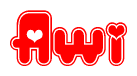 The image is a red and white graphic with the word Awi written in a decorative script. Each letter in  is contained within its own outlined bubble-like shape. Inside each letter, there is a white heart symbol.
