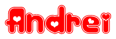 The image is a clipart featuring the word Andrei written in a stylized font with a heart shape replacing inserted into the center of each letter. The color scheme of the text and hearts is red with a light outline.