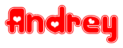 The image is a clipart featuring the word Andrey written in a stylized font with a heart shape replacing inserted into the center of each letter. The color scheme of the text and hearts is red with a light outline.