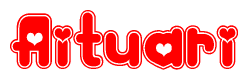 The image is a red and white graphic with the word Aituari written in a decorative script. Each letter in  is contained within its own outlined bubble-like shape. Inside each letter, there is a white heart symbol.