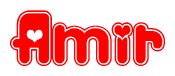 The image is a red and white graphic with the word Amir written in a decorative script. Each letter in  is contained within its own outlined bubble-like shape. Inside each letter, there is a white heart symbol.