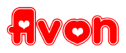 The image is a red and white graphic with the word Avon written in a decorative script. Each letter in  is contained within its own outlined bubble-like shape. Inside each letter, there is a white heart symbol.