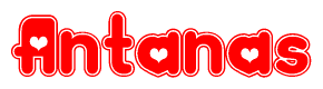 The image is a red and white graphic with the word Antanas written in a decorative script. Each letter in  is contained within its own outlined bubble-like shape. Inside each letter, there is a white heart symbol.