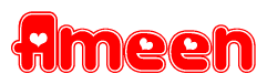 The image is a red and white graphic with the word Ameen written in a decorative script. Each letter in  is contained within its own outlined bubble-like shape. Inside each letter, there is a white heart symbol.