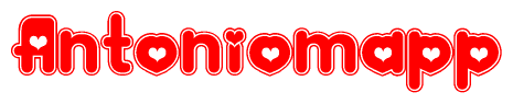 The image is a clipart featuring the word Antoniomapp written in a stylized font with a heart shape replacing inserted into the center of each letter. The color scheme of the text and hearts is red with a light outline.