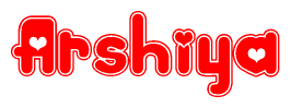 The image is a red and white graphic with the word Arshiya written in a decorative script. Each letter in  is contained within its own outlined bubble-like shape. Inside each letter, there is a white heart symbol.