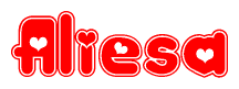 The image is a red and white graphic with the word Aliesa written in a decorative script. Each letter in  is contained within its own outlined bubble-like shape. Inside each letter, there is a white heart symbol.