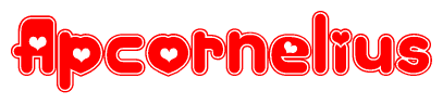 The image is a clipart featuring the word Apcornelius written in a stylized font with a heart shape replacing inserted into the center of each letter. The color scheme of the text and hearts is red with a light outline.