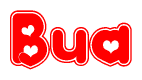 The image is a clipart featuring the word Bua written in a stylized font with a heart shape replacing inserted into the center of each letter. The color scheme of the text and hearts is red with a light outline.