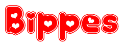 The image is a red and white graphic with the word Bippes written in a decorative script. Each letter in  is contained within its own outlined bubble-like shape. Inside each letter, there is a white heart symbol.