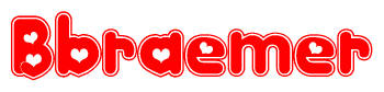 The image is a red and white graphic with the word Bbraemer written in a decorative script. Each letter in  is contained within its own outlined bubble-like shape. Inside each letter, there is a white heart symbol.