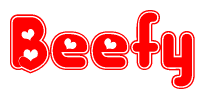 The image displays the word Beefy written in a stylized red font with hearts inside the letters.