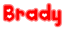 The image is a clipart featuring the word Brady written in a stylized font with a heart shape replacing inserted into the center of each letter. The color scheme of the text and hearts is red with a light outline.