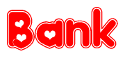 The image is a red and white graphic with the word Bank written in a decorative script. Each letter in  is contained within its own outlined bubble-like shape. Inside each letter, there is a white heart symbol.