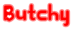 The image displays the word Butchy written in a stylized red font with hearts inside the letters.