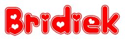 The image is a clipart featuring the word Bridiek written in a stylized font with a heart shape replacing inserted into the center of each letter. The color scheme of the text and hearts is red with a light outline.