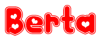 The image is a red and white graphic with the word Berta written in a decorative script. Each letter in  is contained within its own outlined bubble-like shape. Inside each letter, there is a white heart symbol.
