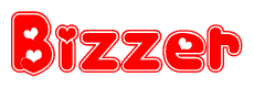 The image is a red and white graphic with the word Bizzer written in a decorative script. Each letter in  is contained within its own outlined bubble-like shape. Inside each letter, there is a white heart symbol.