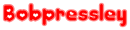 The image is a red and white graphic with the word Bobpressley written in a decorative script. Each letter in  is contained within its own outlined bubble-like shape. Inside each letter, there is a white heart symbol.