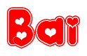 The image is a red and white graphic with the word Bai written in a decorative script. Each letter in  is contained within its own outlined bubble-like shape. Inside each letter, there is a white heart symbol.