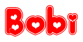 The image is a red and white graphic with the word Bobi written in a decorative script. Each letter in  is contained within its own outlined bubble-like shape. Inside each letter, there is a white heart symbol.