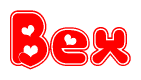The image is a clipart featuring the word Bex written in a stylized font with a heart shape replacing inserted into the center of each letter. The color scheme of the text and hearts is red with a light outline.